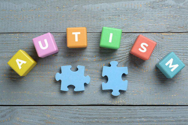 Flat lay composition with jigsaw puzzle pieces and word Autism on grey wooden background