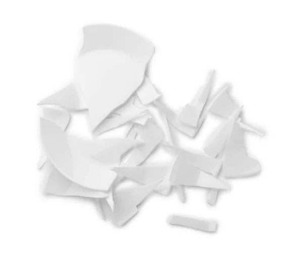 Pieces Broken Ceramic Plate White Background Top View — Stockfoto