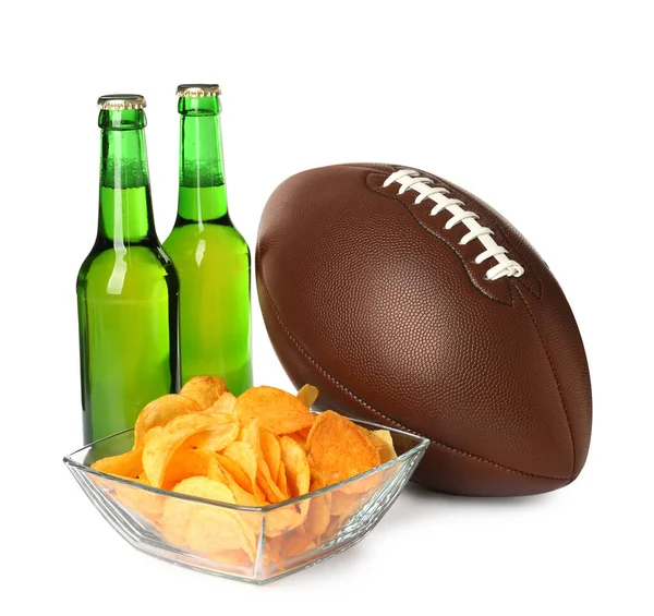 American Football Ball Beer Chips White Background — ストック写真