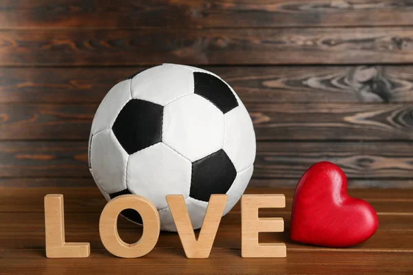 Soccer Ball Heart Word Love Wooden Table — Foto de Stock