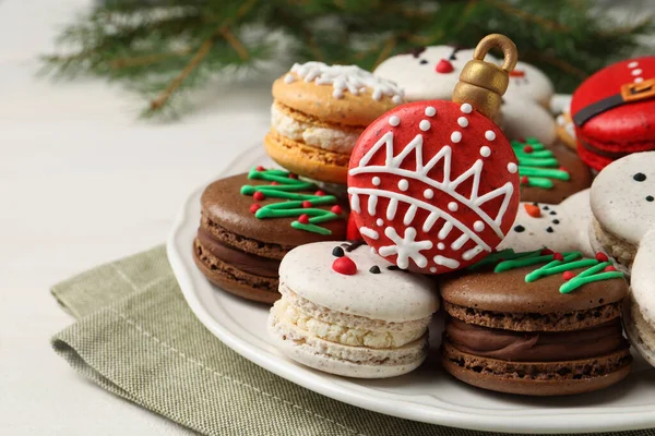 Beautifully Decorated Christmas Macarons White Wooden Table Closeup Space Text — Stock fotografie