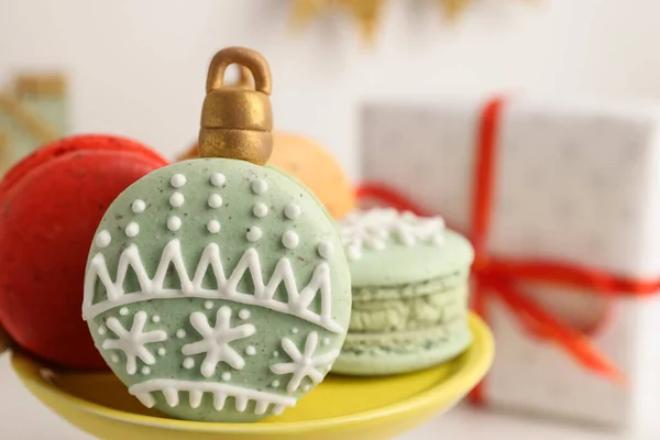 Beautifully Decorated Christmas Macarons Stand Closeup Space Text — Stock Photo, Image