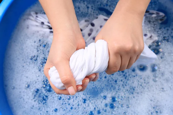 Woman Wringing Garment Basin Closeup Hand Washing Laundry — Foto de Stock