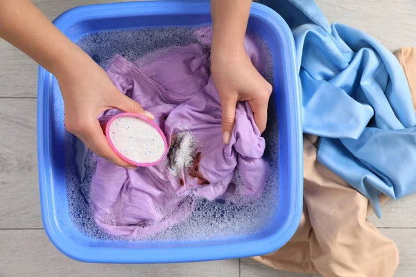 Woman Adding Powdered Detergent Basin Clothes Top View Hand Washing — Foto de Stock