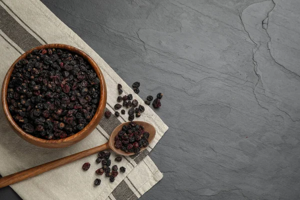 Black Currant Berries Dark Table Flat Lay Space Text — Fotografia de Stock
