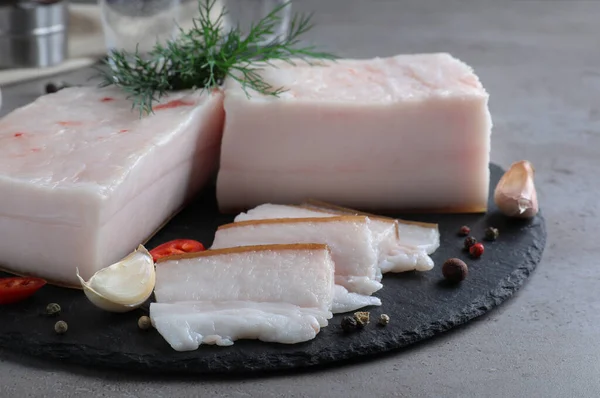 Pork Fatback Spices Served Grey Table Closeup — Fotografia de Stock