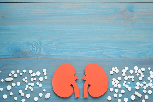 stock image Paper cutout of kidneys and pills on blue wooden table, flat lay. Space for text