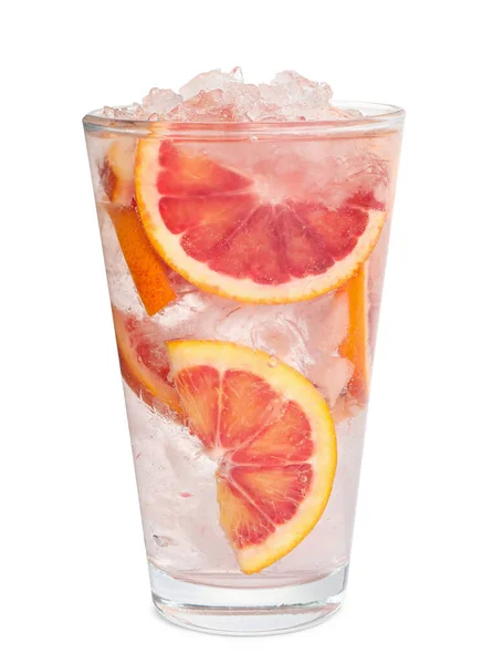 Deliciosa Bebida Refrescante Con Naranja Siciliana Cubitos Hielo Vidrio Aislado —  Fotos de Stock