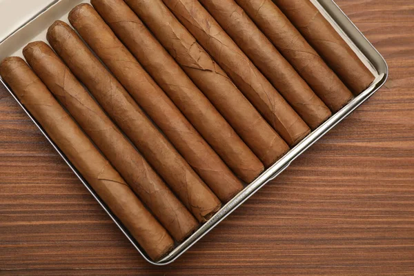 Box Expensive Cigars Wooden Table Top View — Stock Photo, Image