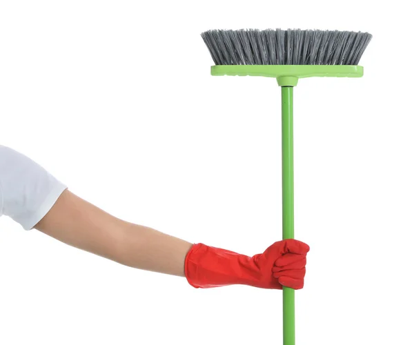 Young Woman Green Broom White Background Closeup — Fotografia de Stock