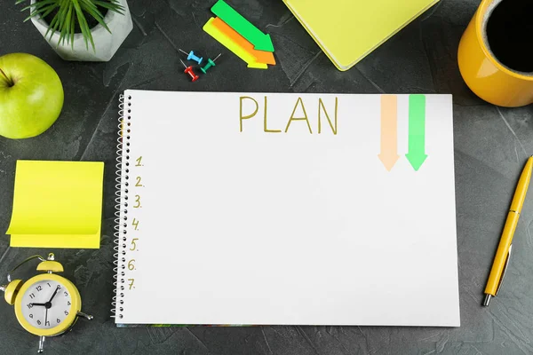 Flat Lay Composition Notebook Plan List Grey Table — Zdjęcie stockowe