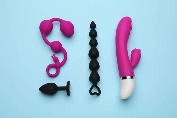 Sex Toys Light Blue Background Flat Lay — Foto Stock