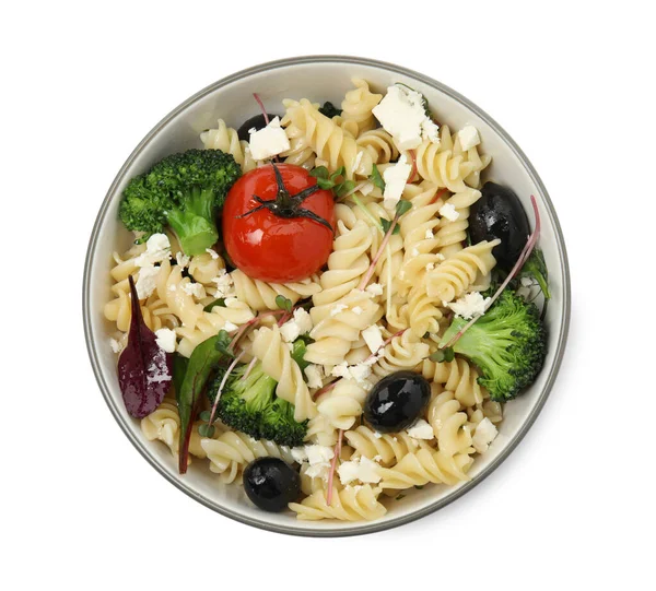 Bowl Delicious Pasta Tomatoes Olives Broccoli White Background Top View — Foto de Stock