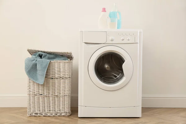 Laundry Room Interior Modern Washing Machine Wicker Basket White Wall — 스톡 사진