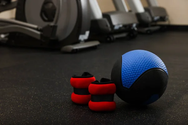 Blue Medicine Ball Weighting Agents Floor Gym Space Text — стоковое фото
