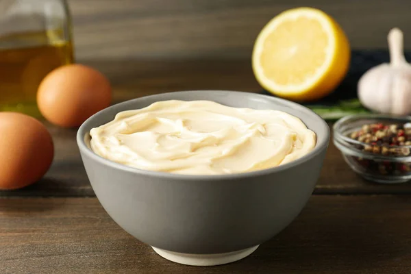 Bowl Fresh Mayonnaise Ingredients Wooden Table Closeup — Stock Photo, Image