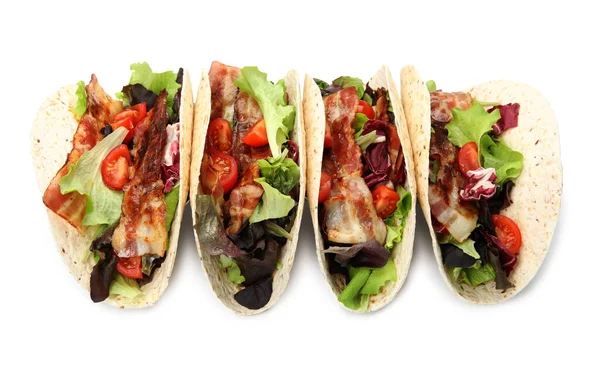 Delicious Tacos Fried Bacon Tomatoes White Background View — Stockfoto