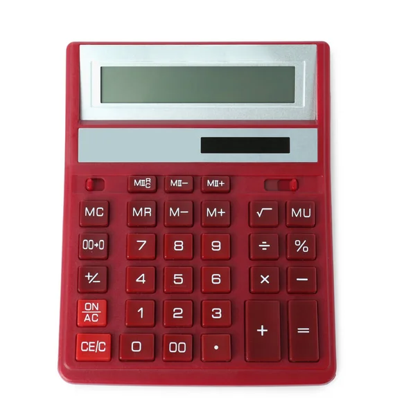 Red Calculator White Background Top View — стоковое фото