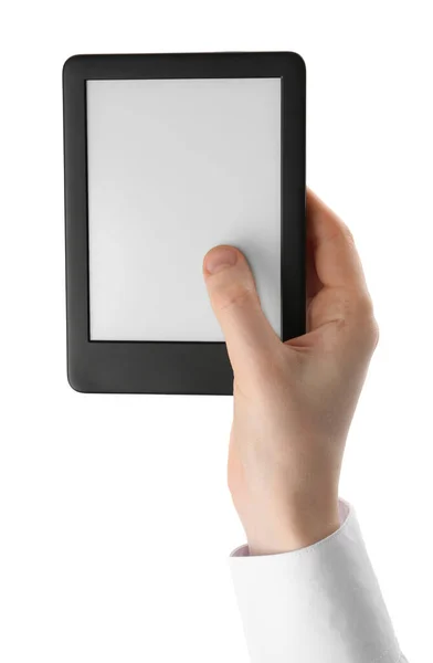 Woman Using Book Reader White Background Closeup — Stock Photo, Image