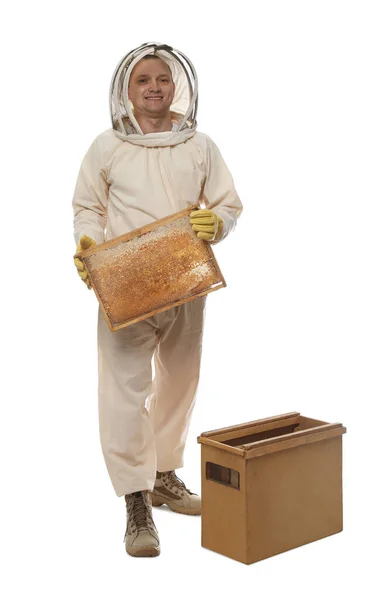 Beekeeper Uniform Holding Frame Honeycomb Wooden Hive White Background — стоковое фото