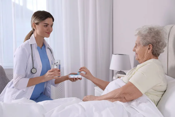 Young Caregiver Giving Medication Senior Woman Bedroom Home Health Care — Fotografia de Stock