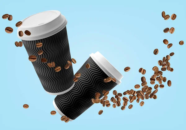 Coffee Paper Cups Roasted Beans Flying Light Blue Background — 스톡 사진