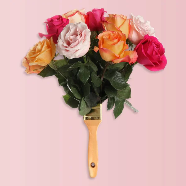 Creative Design Paint Brush Beautiful Roses Pink Background Spring Coming — Fotografia de Stock
