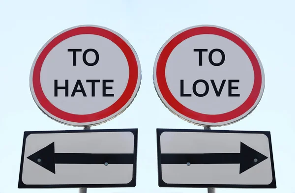 Road Signs Different Directions Hate Love Outdoors — Foto Stock