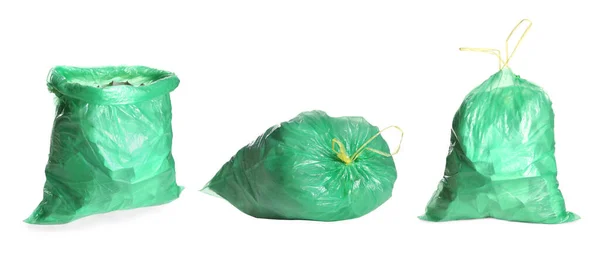 Set Green Trash Bags Full Garbage White Background Banner Design — стоковое фото