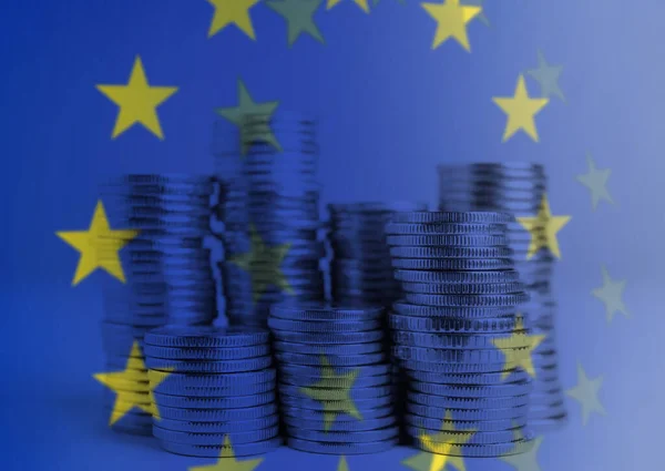 Double Exposure European Union Flag Coins Table Closeup View — Stockfoto