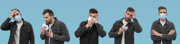 Коллаж Фотографиями Человека Холодными Симптомами Бирюзовом Фоне Баннерный Дизайн — стоковое фото