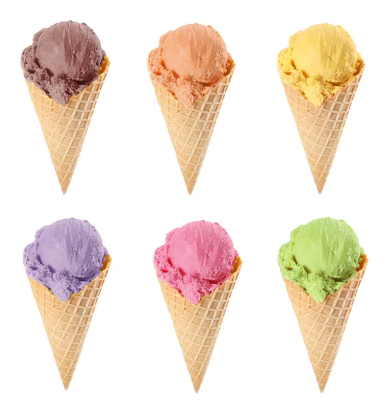 Set Different Tasty Ice Creams Wafer Cones White Background — Stock Photo, Image