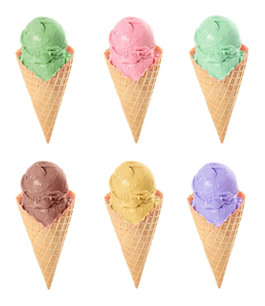 Набір Різними Смачними Морозивами Льоду Вафельних Конусах Білому Тлі — стокове фото