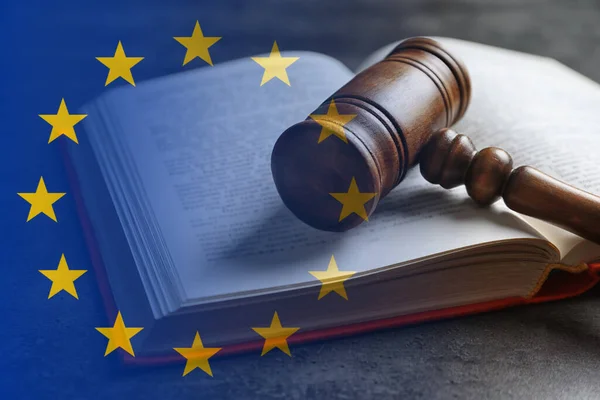 Double Exposure European Union Flag Book Wooden Gavel Grey Table — Stockfoto