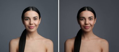 Gri arkaplanda bronzlaşmadan önce ve sonra güzel genç bir kadının fotoğraflarının olduğu kolaj. Pankart tasarımı