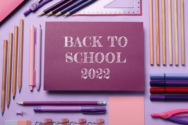 Terug Naar School 2022 Platte Lay Compositie Met Verschillende Briefpapier — Stockfoto