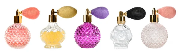Set Con Diferentes Frascos Perfume Lujo Sobre Fondo Blanco Diseño — Foto de Stock