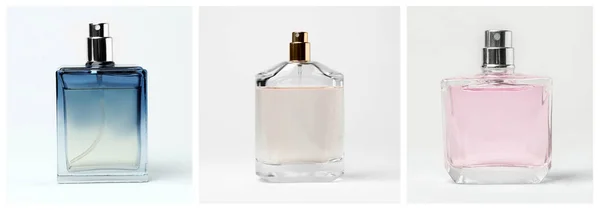 Set Different Bottles Perfume White Background Banner Design — Foto Stock