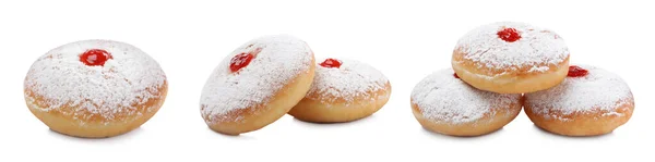 Köstliche Donuts Mit Gelee Und Puderzucker Auf Weißem Hintergrund Collage — Stockfoto