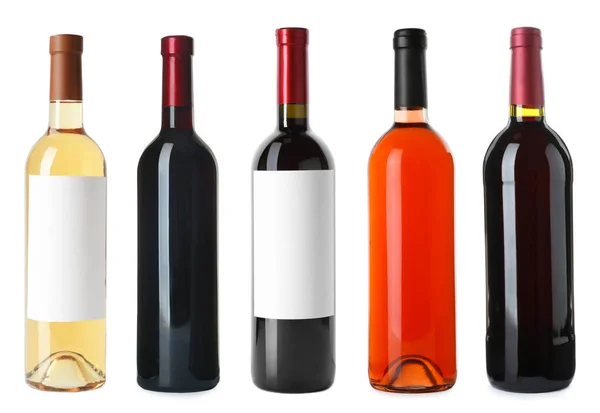 Set Bottles Different Delicious Expensive Wines White Background — Fotografia de Stock