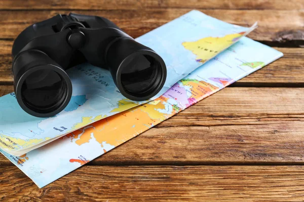 Modern Binoculars Map Wooden Table Space Text — Stock Photo, Image