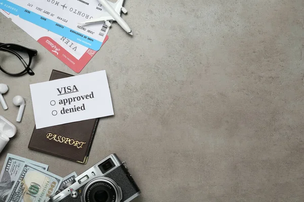 Flat Lay Composition Passport Toy Plane Camera Grey Table Space — Foto de Stock
