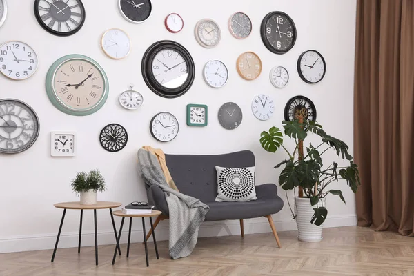 Stylish Room Interior Comfortable Furniture Beautiful Houseplant Collection Different Clocks — Fotografia de Stock