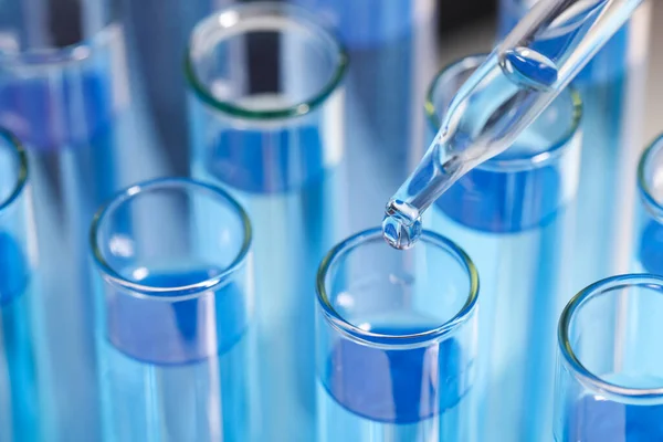 Colocar Reagente Tubo Ensaio Com Líquido Azul Perto Análise Laboratorial — Fotografia de Stock
