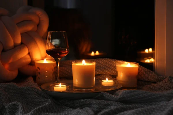 Glass Wine Burning Candles Blanket Darkness — Stock Photo, Image