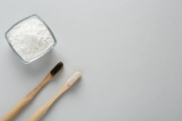Tooth Powder Brushes White Background Flat Lay Space Text — Foto Stock
