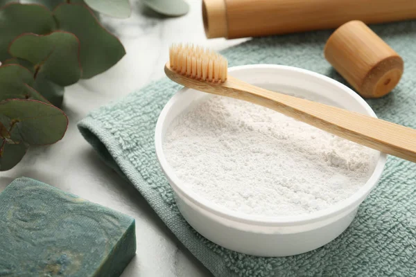Tooth Powder Brush Soap White Table Closeup — Stock Photo, Image