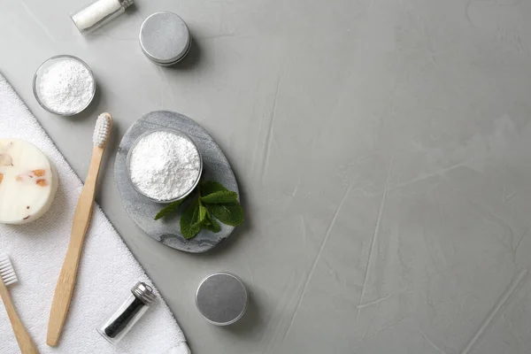 Flat Lay Composition Tooth Powder Mint Grey Table Space Text — Foto de Stock