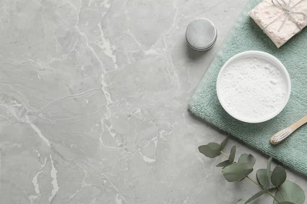 Flat Lay Composition Tooth Powder Eucalyptus Light Grey Marble Table — Foto de Stock