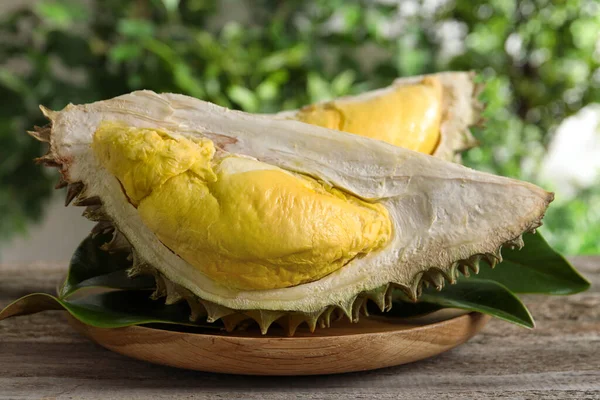 Pieces Fresh Ripe Durian Fruit Wooden Table Closeup — Zdjęcie stockowe